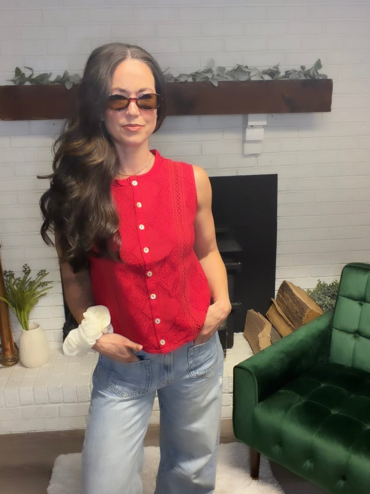 Red Lace Button Front Sleeveless Top