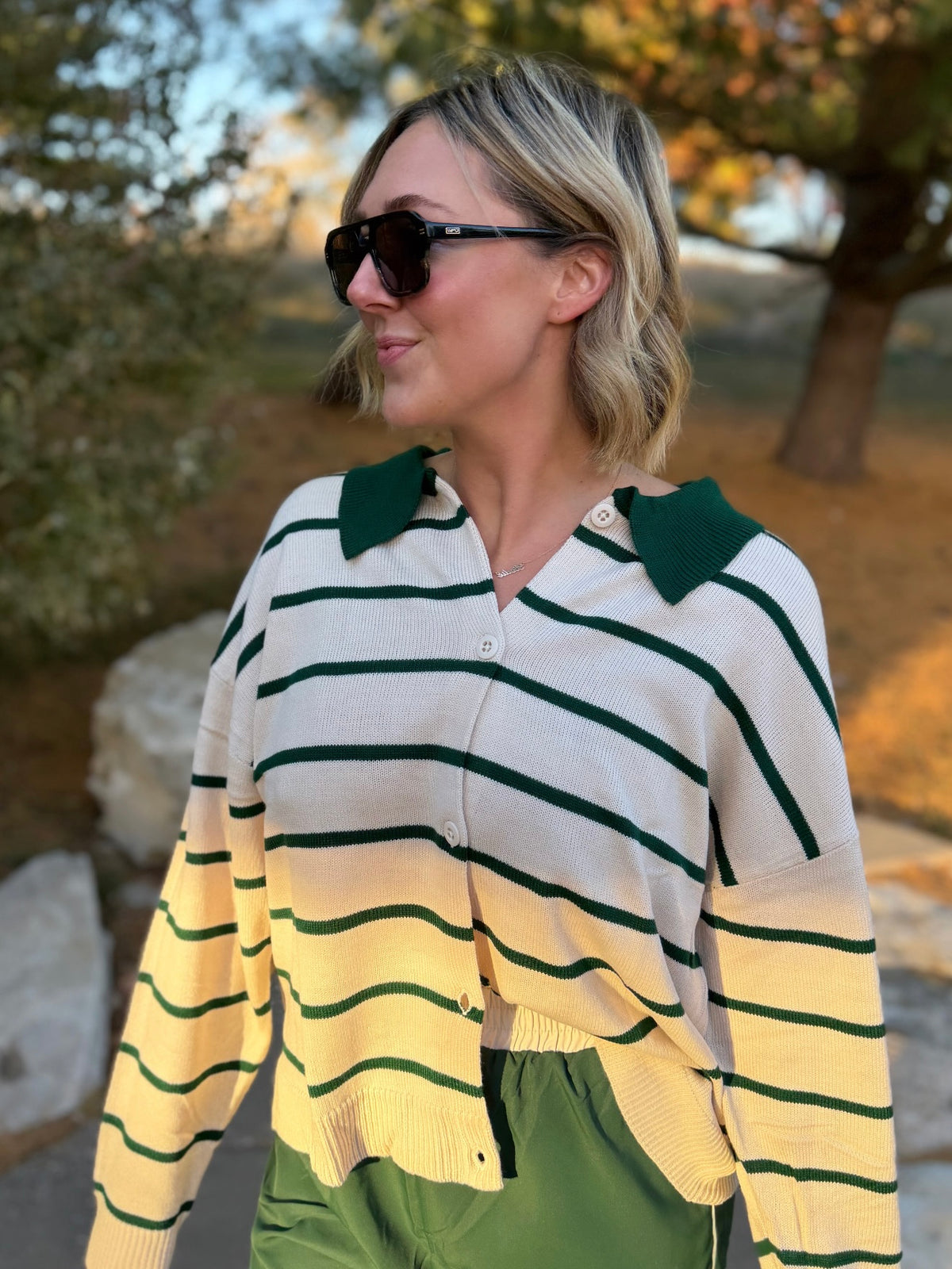 Green Stripe Collared Cardigan
