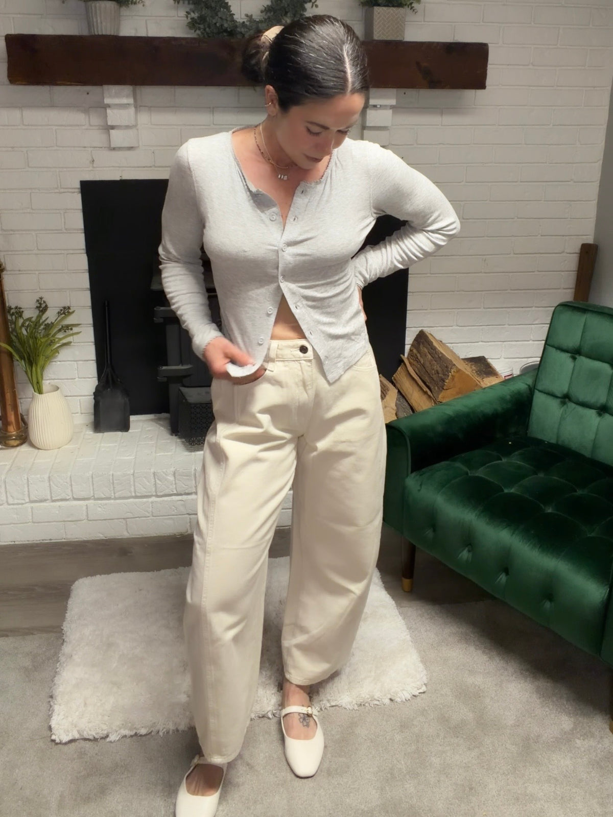 Ivory Mid Waist Barrel Leg Jeans