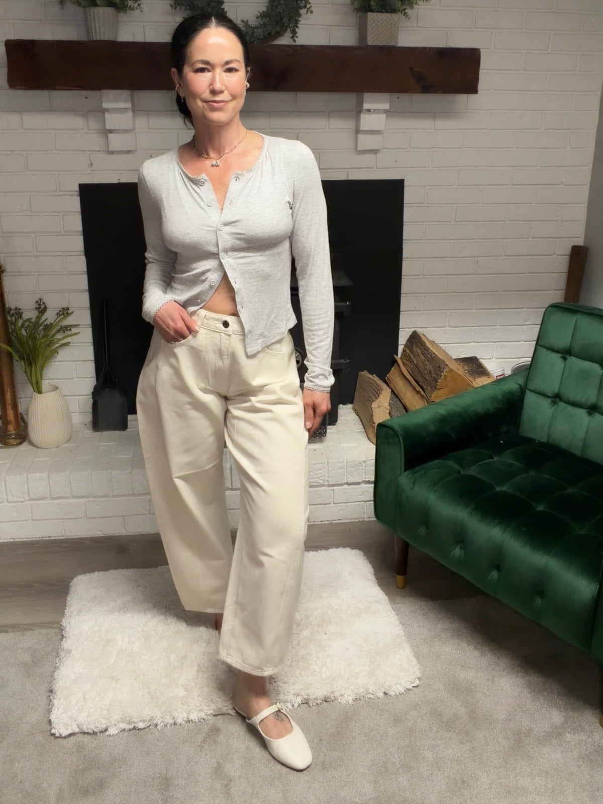 Ivory Mid Waist Barrel Leg Jeans
