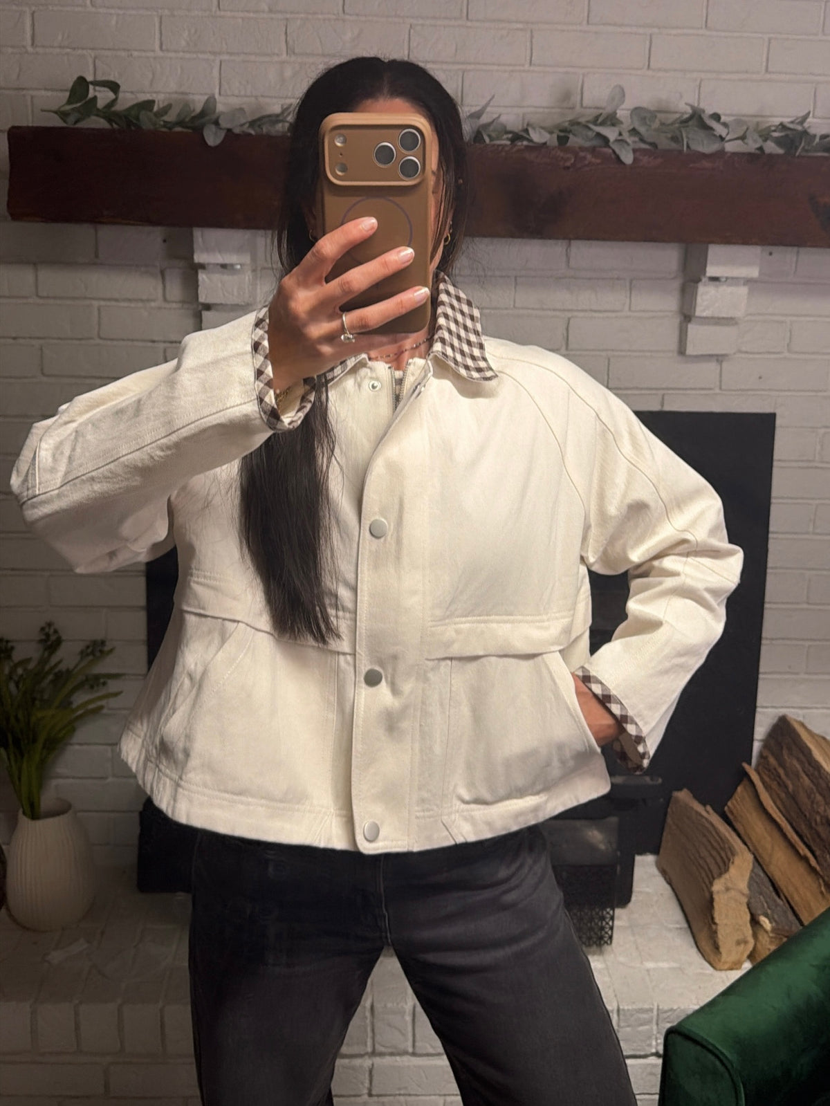 Cream & Mocha Gingham Contrast Denim Jacket