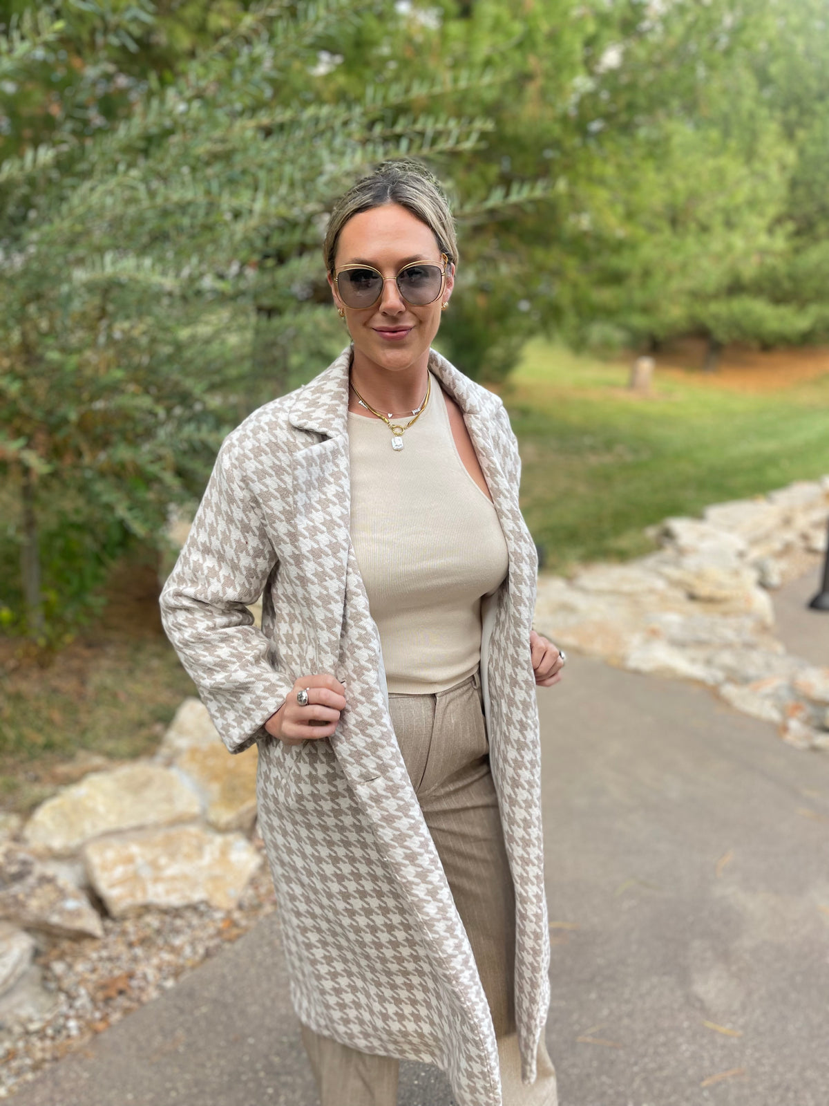 Taupe & Ivory Houndstooth Long Coat