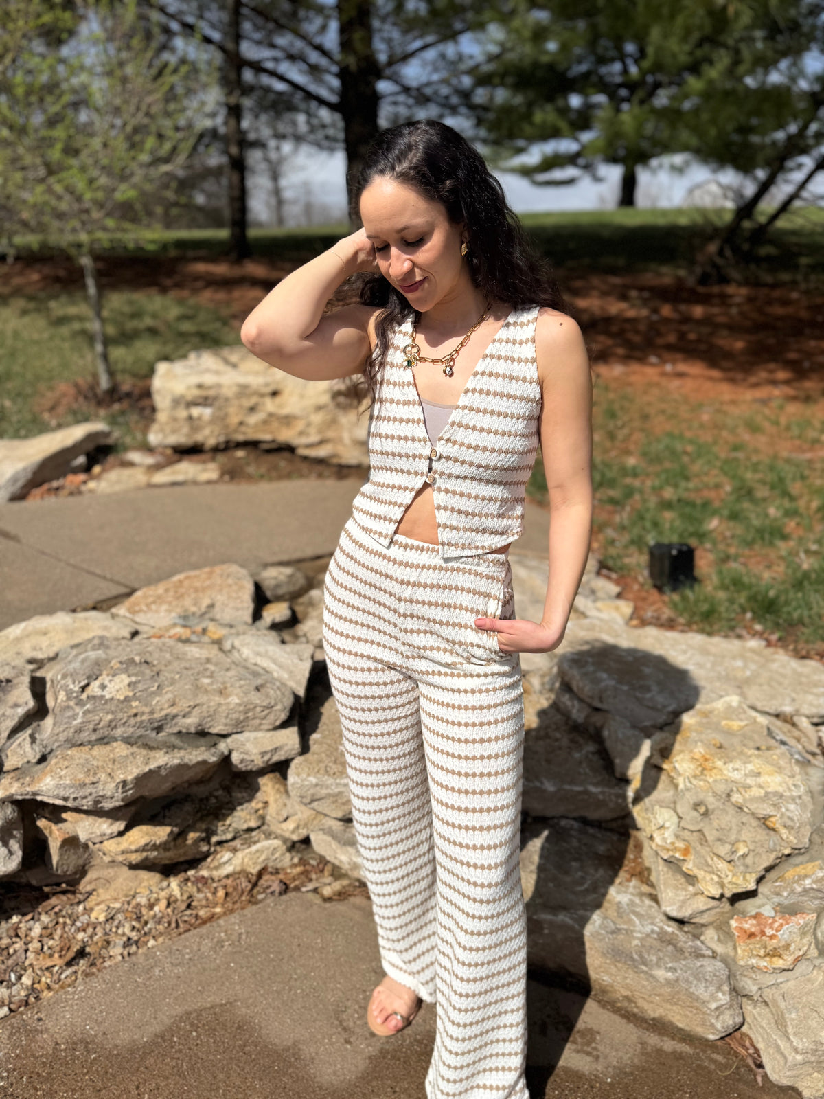 Taupe Stripe Knit Wide Leg Pants