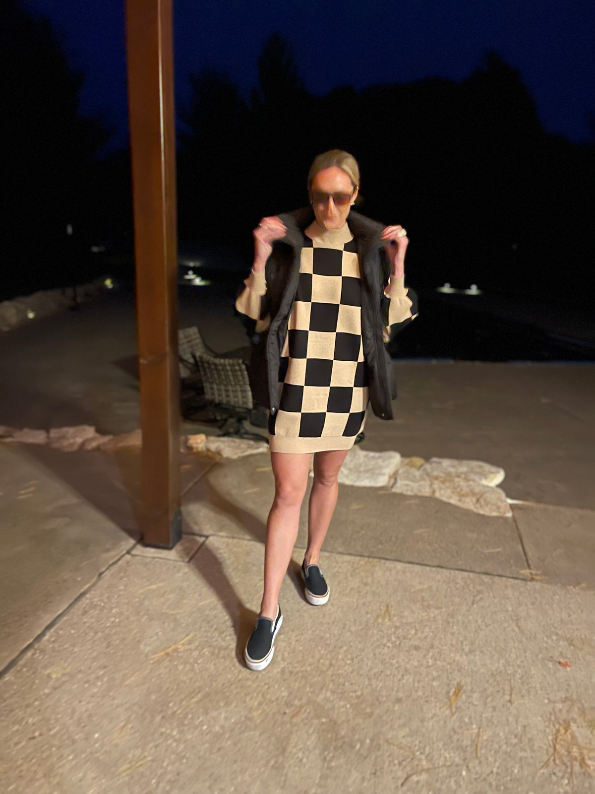 Checkered Mock Neck Sweater Dress