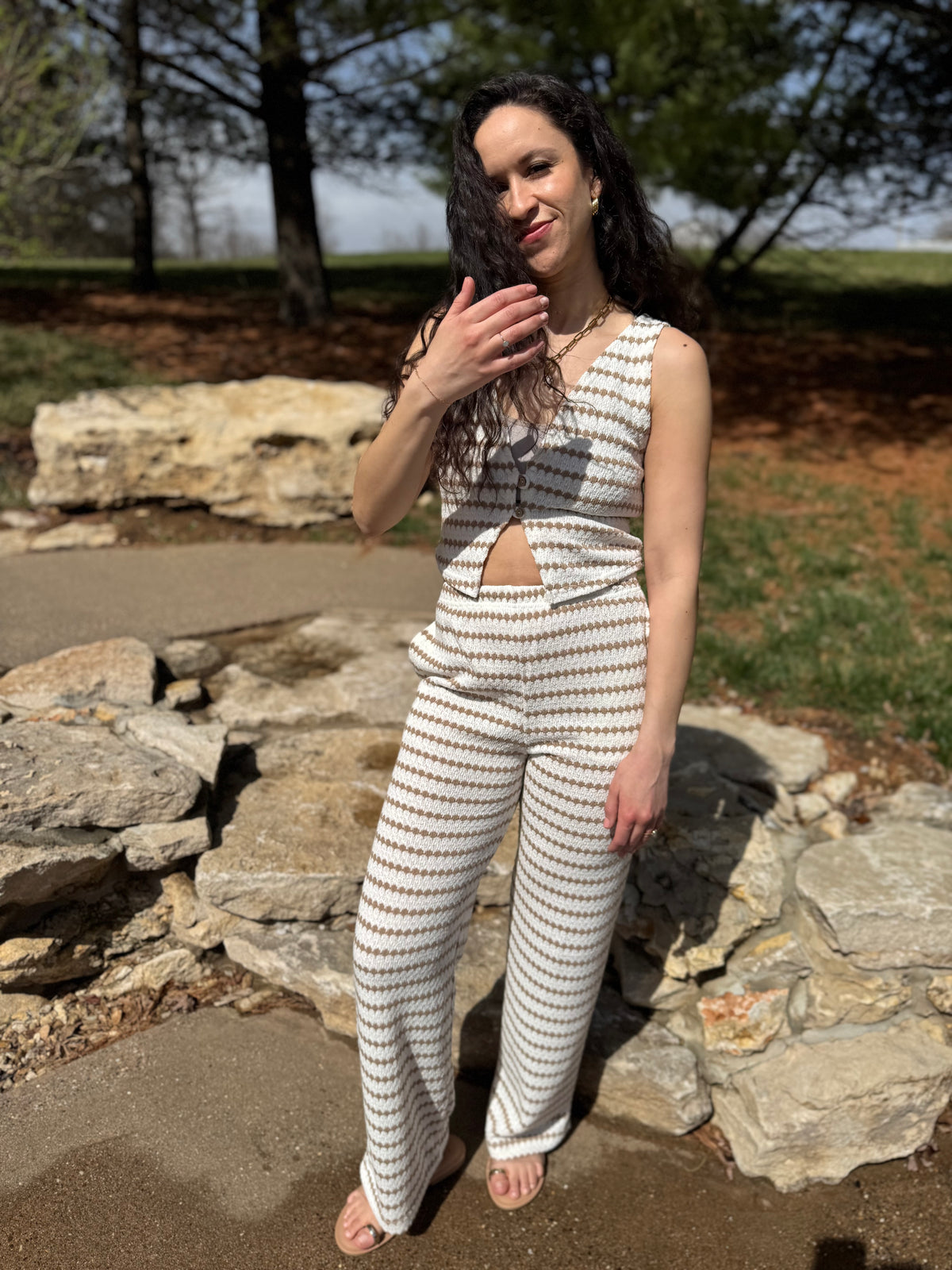 Taupe Stripe Knit Wide Leg Pants