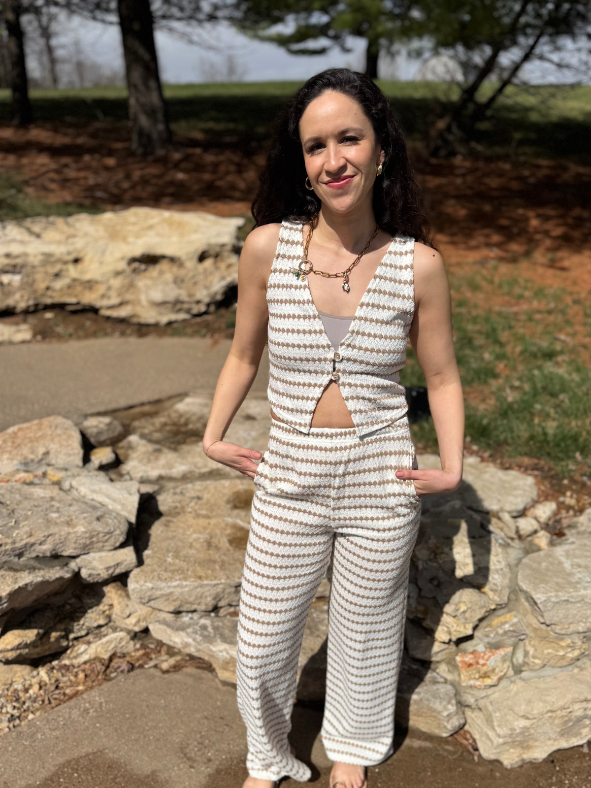 Taupe Stripe Knit Wide Leg Pants