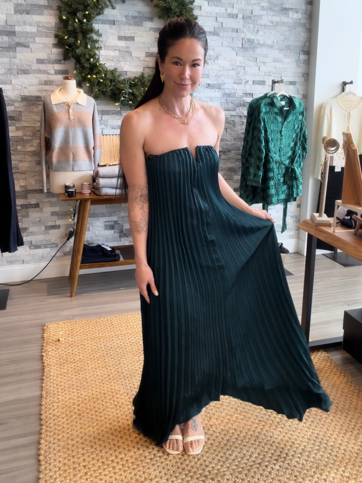Emerald Green Strapless Pleated Maxi Dress
