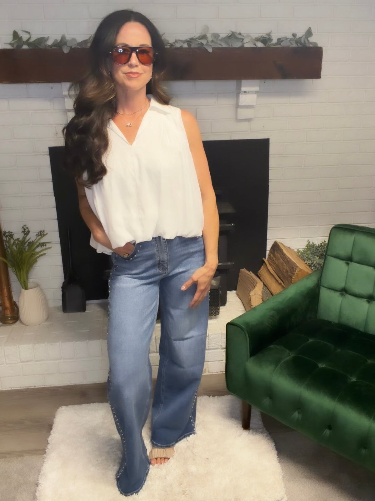 High Rise Studded Wide Leg Jeans