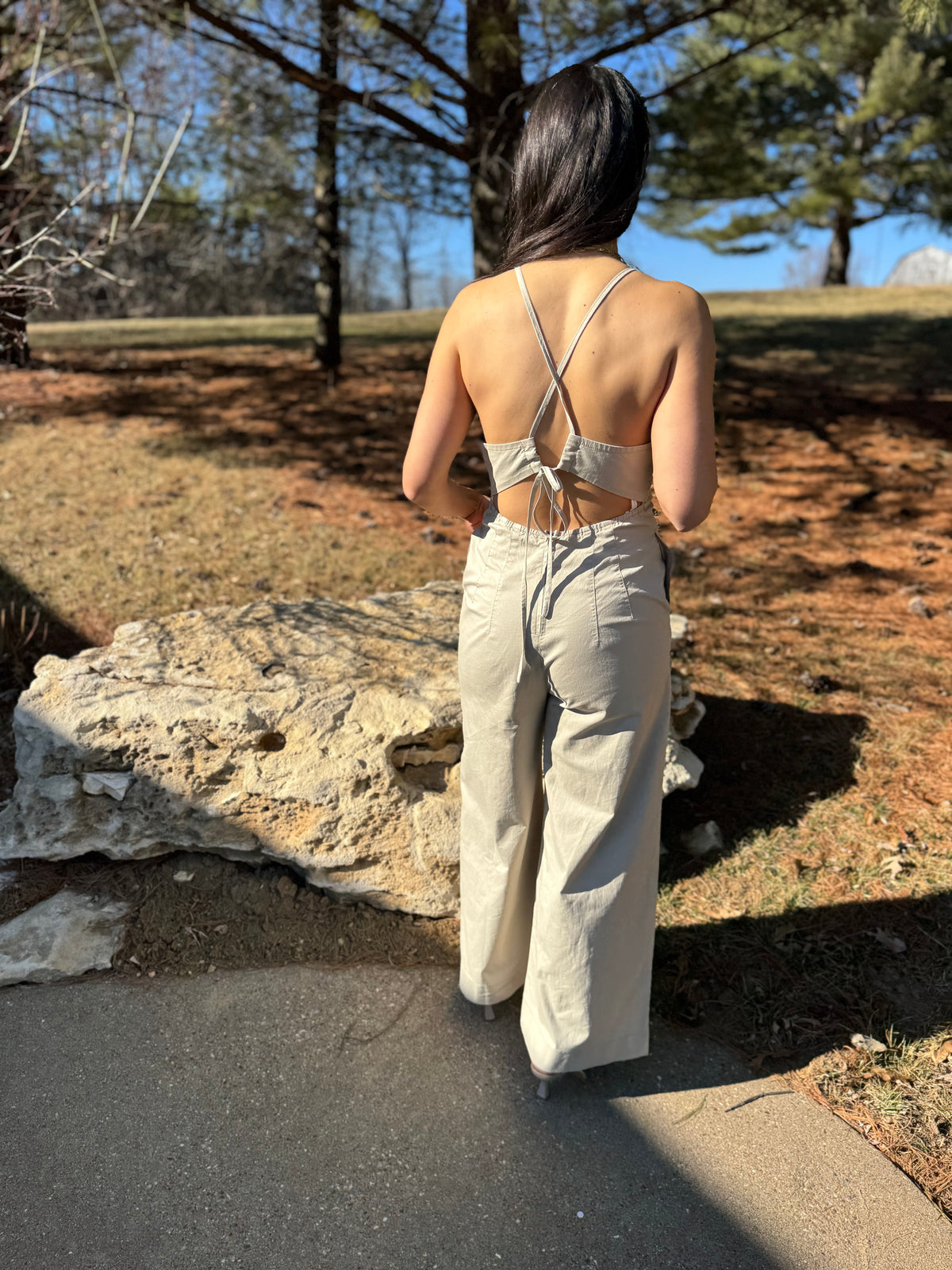 Tan Deep V Cross Tie Back Jumpsuit
