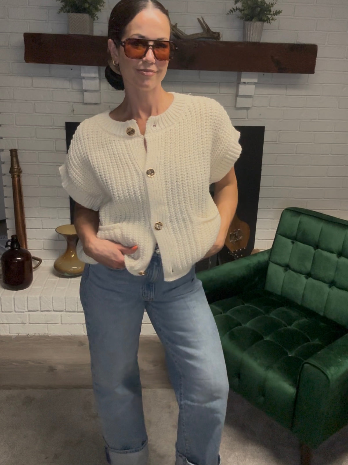 Cream Gold Button Sleeveless Sweater