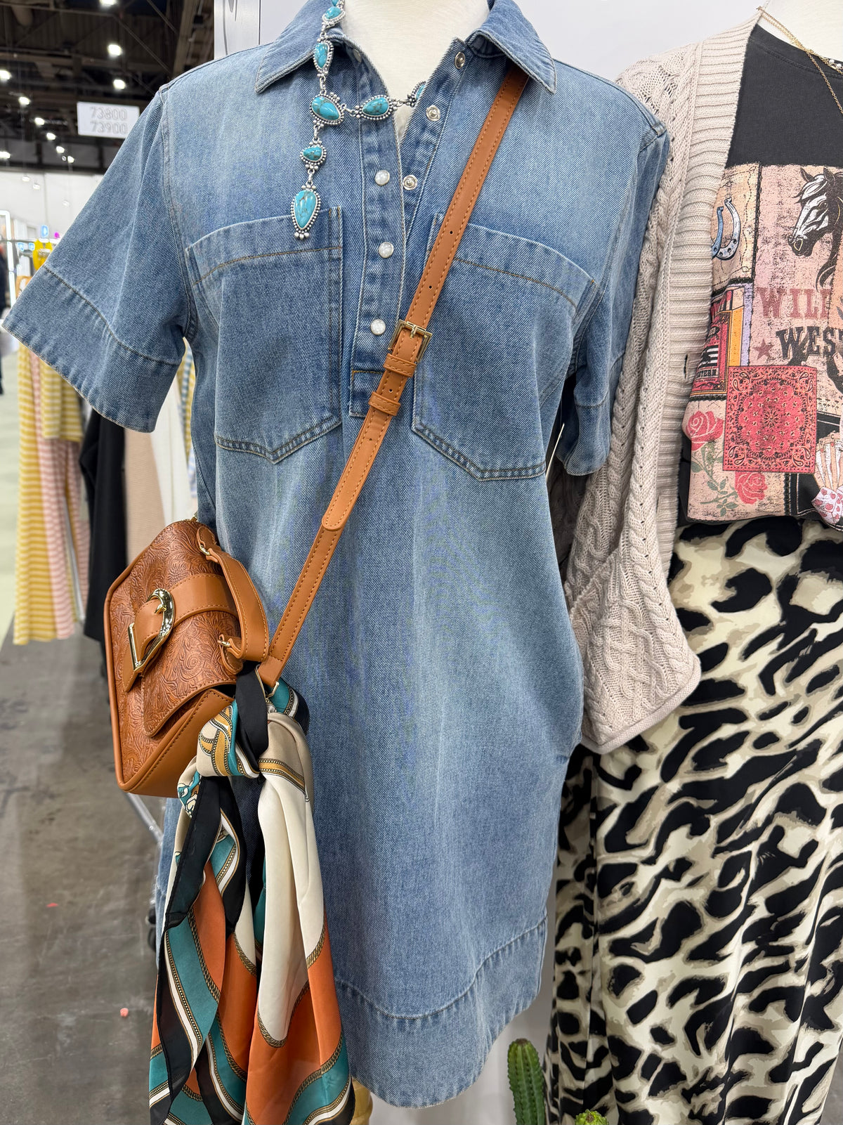 Short Sleeve Henley Neckline Denim Dress