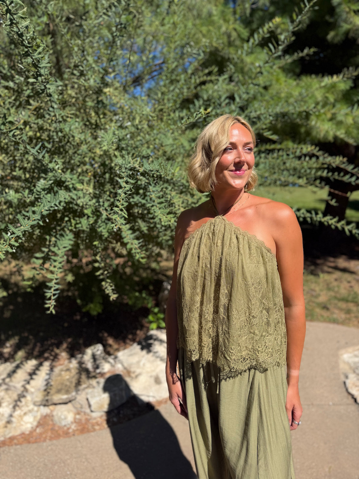 Olive Scallop Lace Halter Top