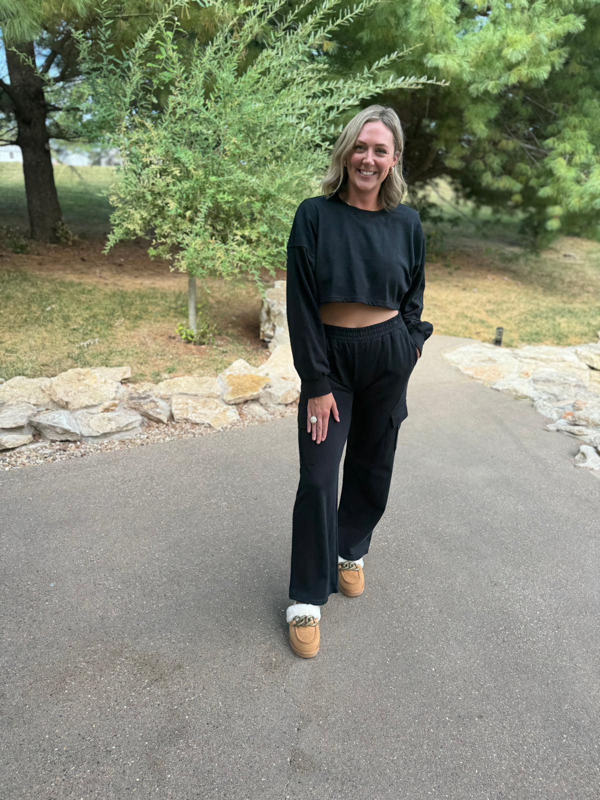 French Terry Crop Sweatshirt & Wide Leg Cargo Pant Set