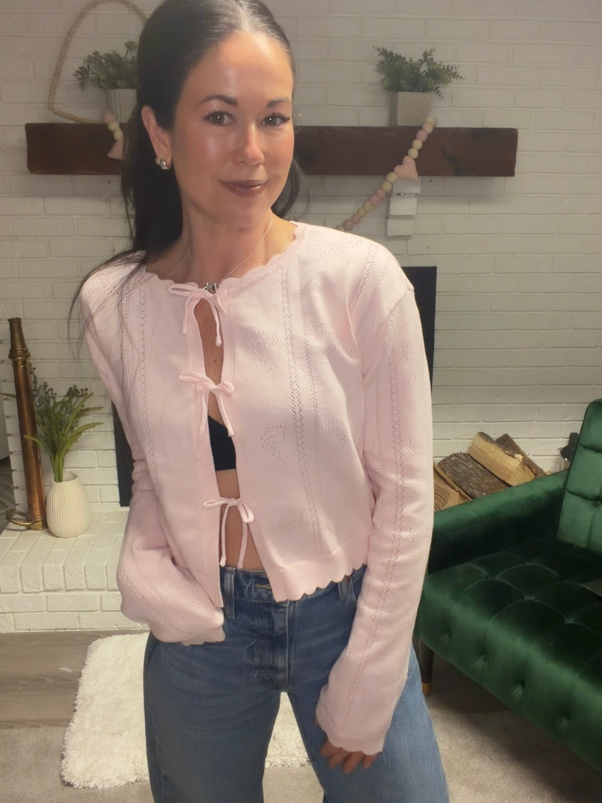 Pink Pointelle Bow Cardigan