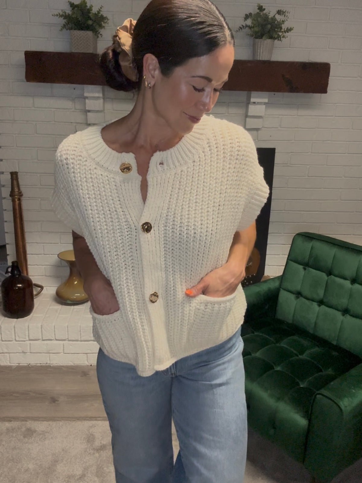 Cream Gold Button Sleeveless Sweater