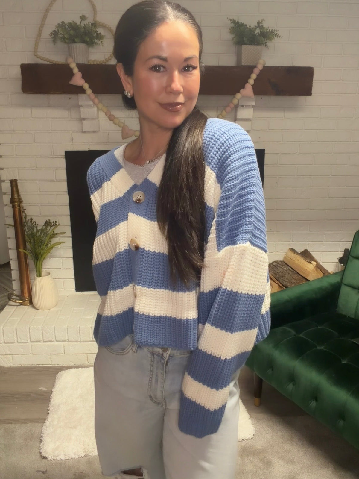 Dusty Blue Striped V-Neck Cardigan