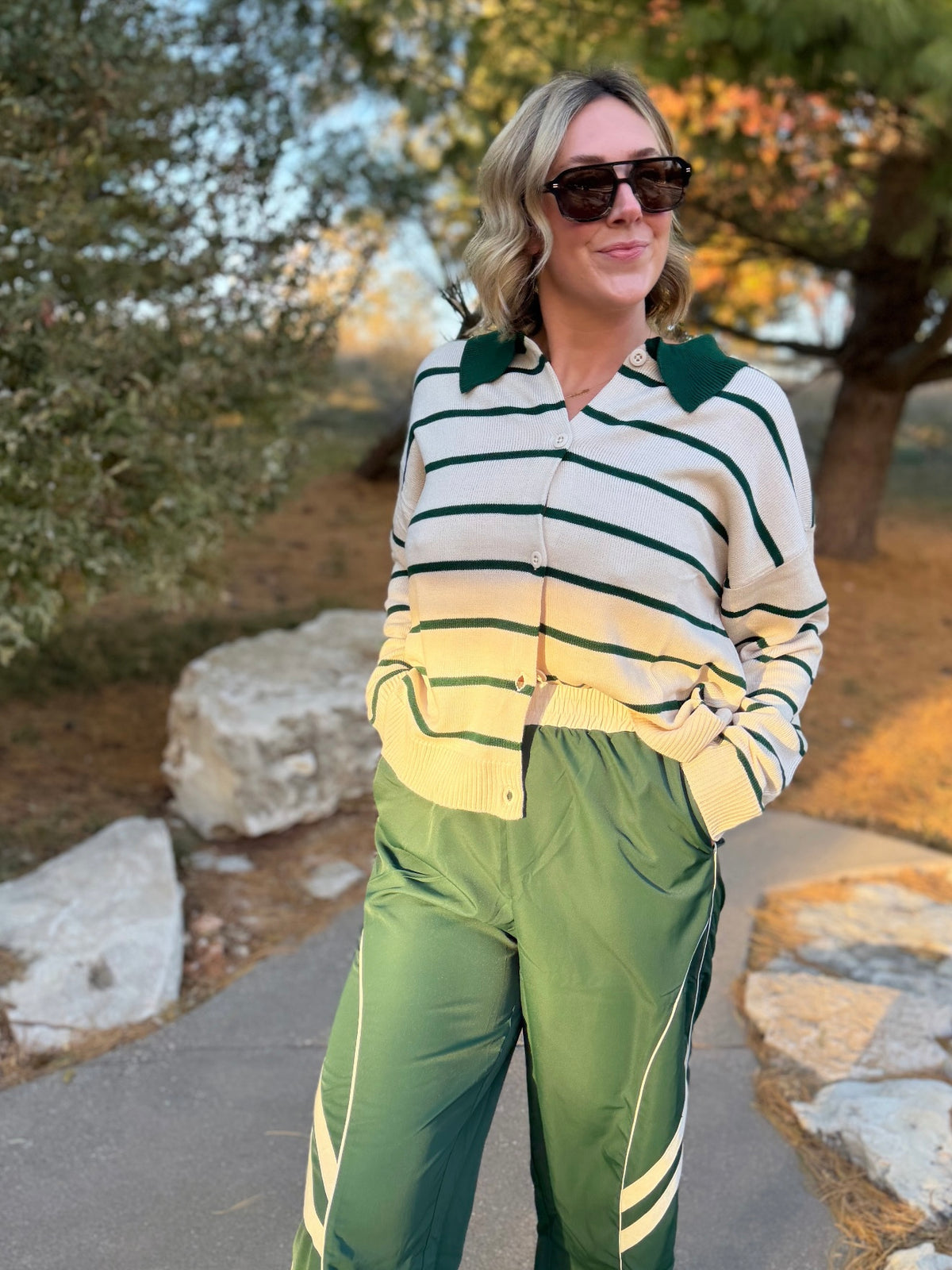 Green Stripe Collared Cardigan