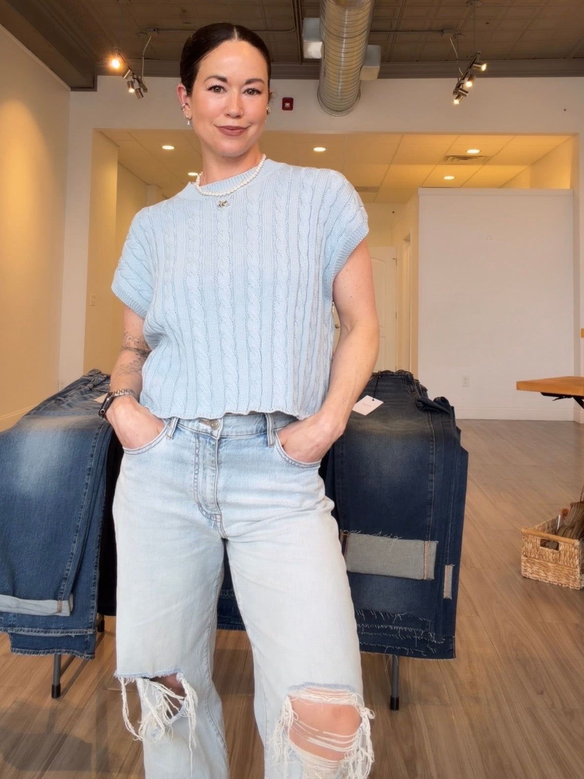 Chambray Blue Sleeveless Cable Knit Sweater