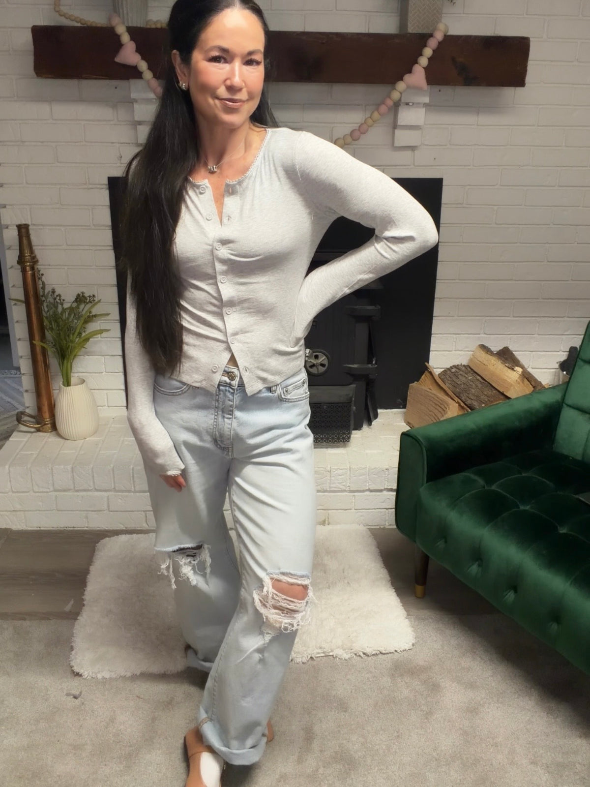 Grey Pico Trim Button Front Top