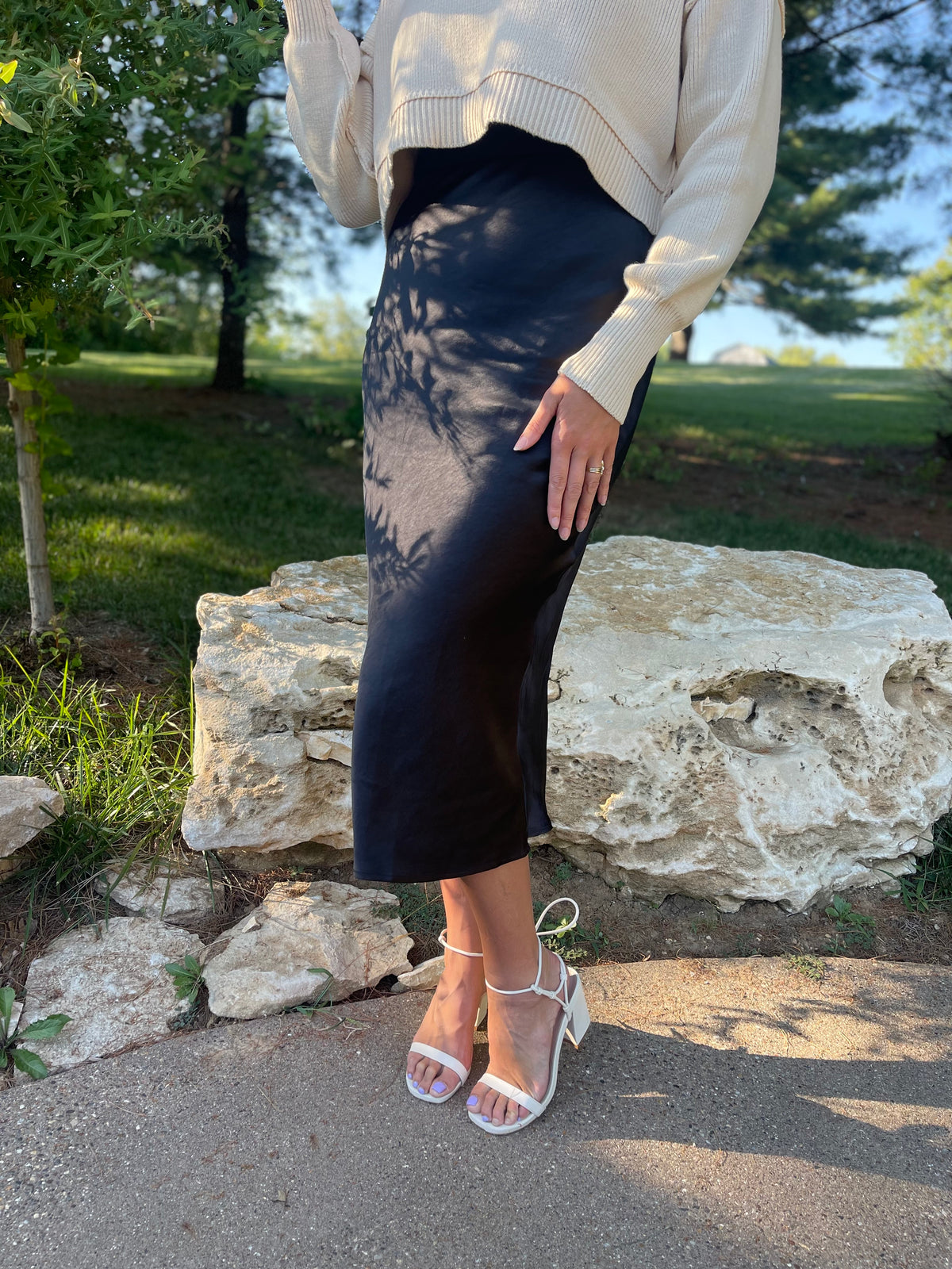 Black Satin Midi Skirt