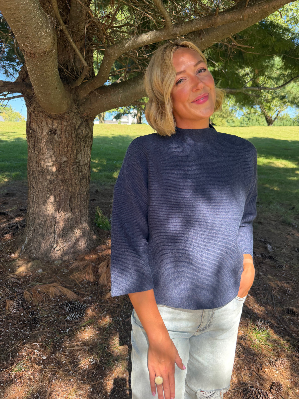 Navy Drop Shoulder 3/4 Length Sleeve Sweater