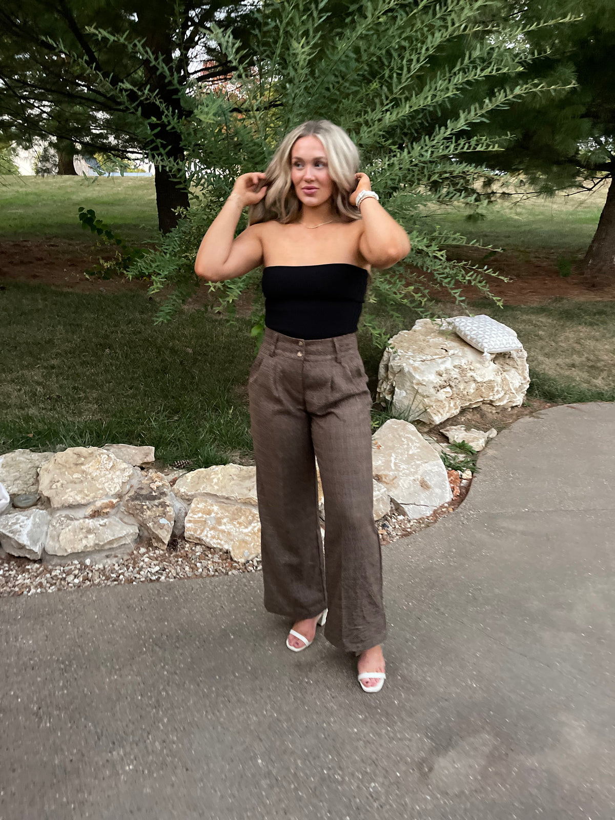 Brown Plaid High Waisted Trousers
