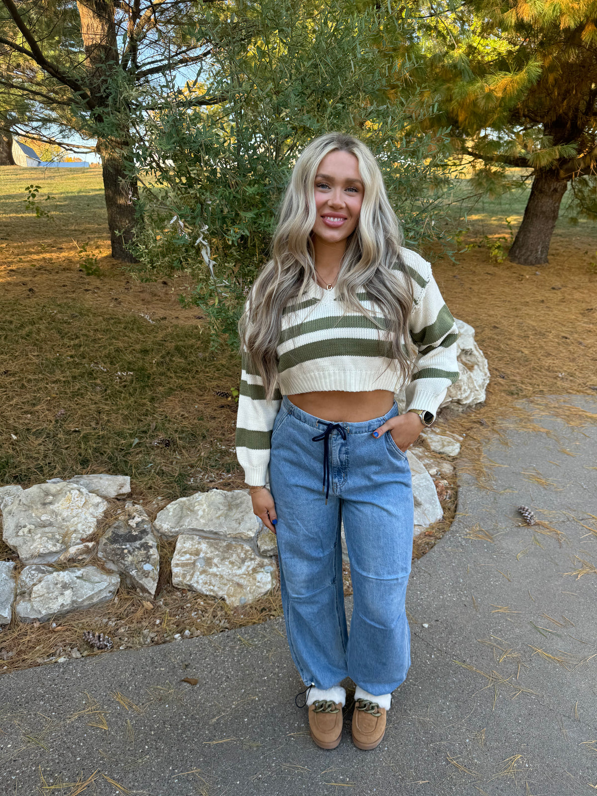 Olive Striped Cropped V-Neck Sweater