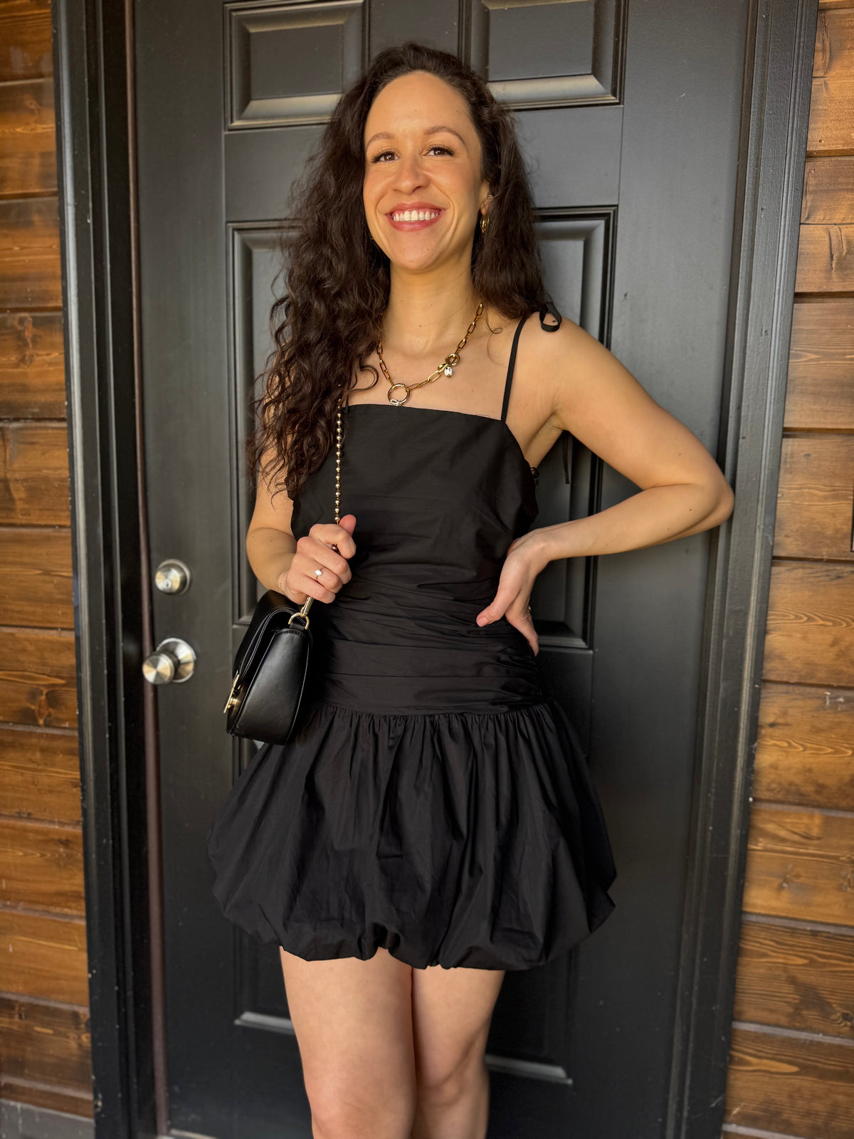 Black Tie Shoulder Bubble Hem Dress