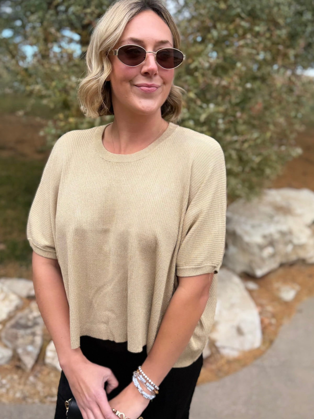 Gold Short Sleeve Lurex Top