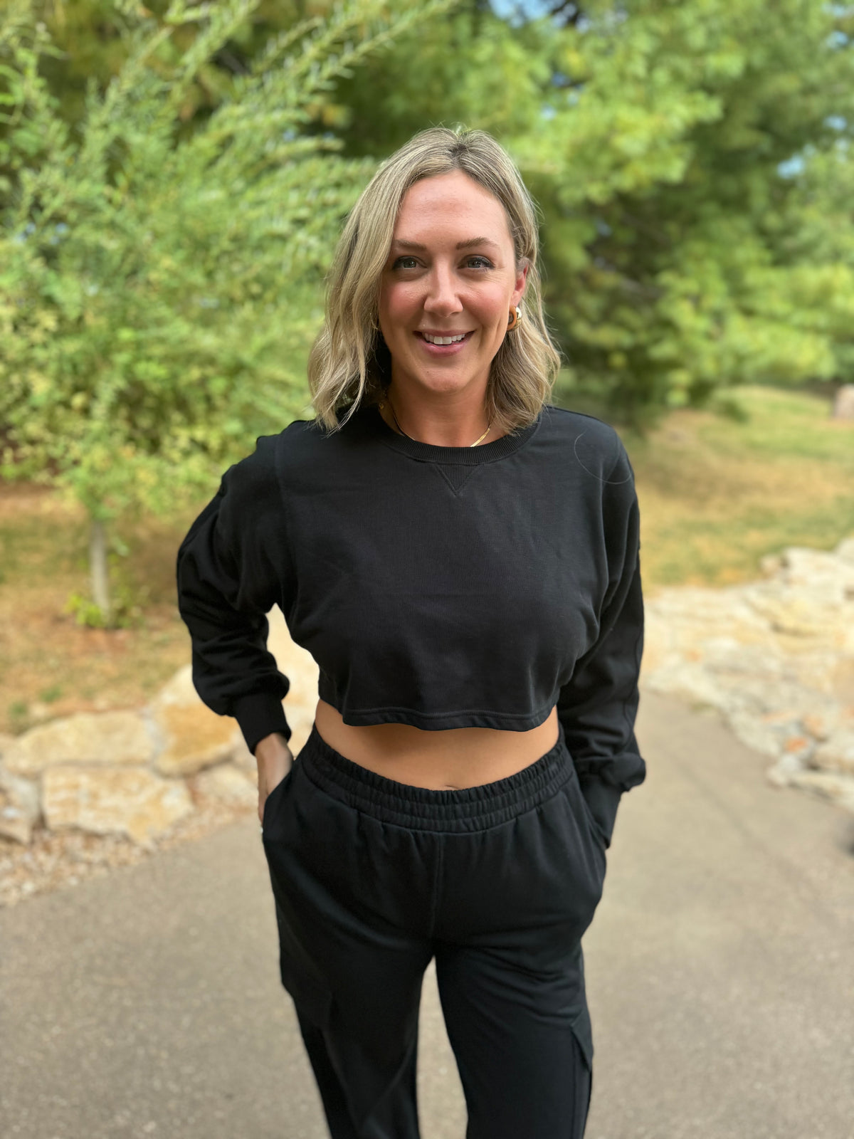 French Terry Crop Sweatshirt & Wide Leg Cargo Pant Set