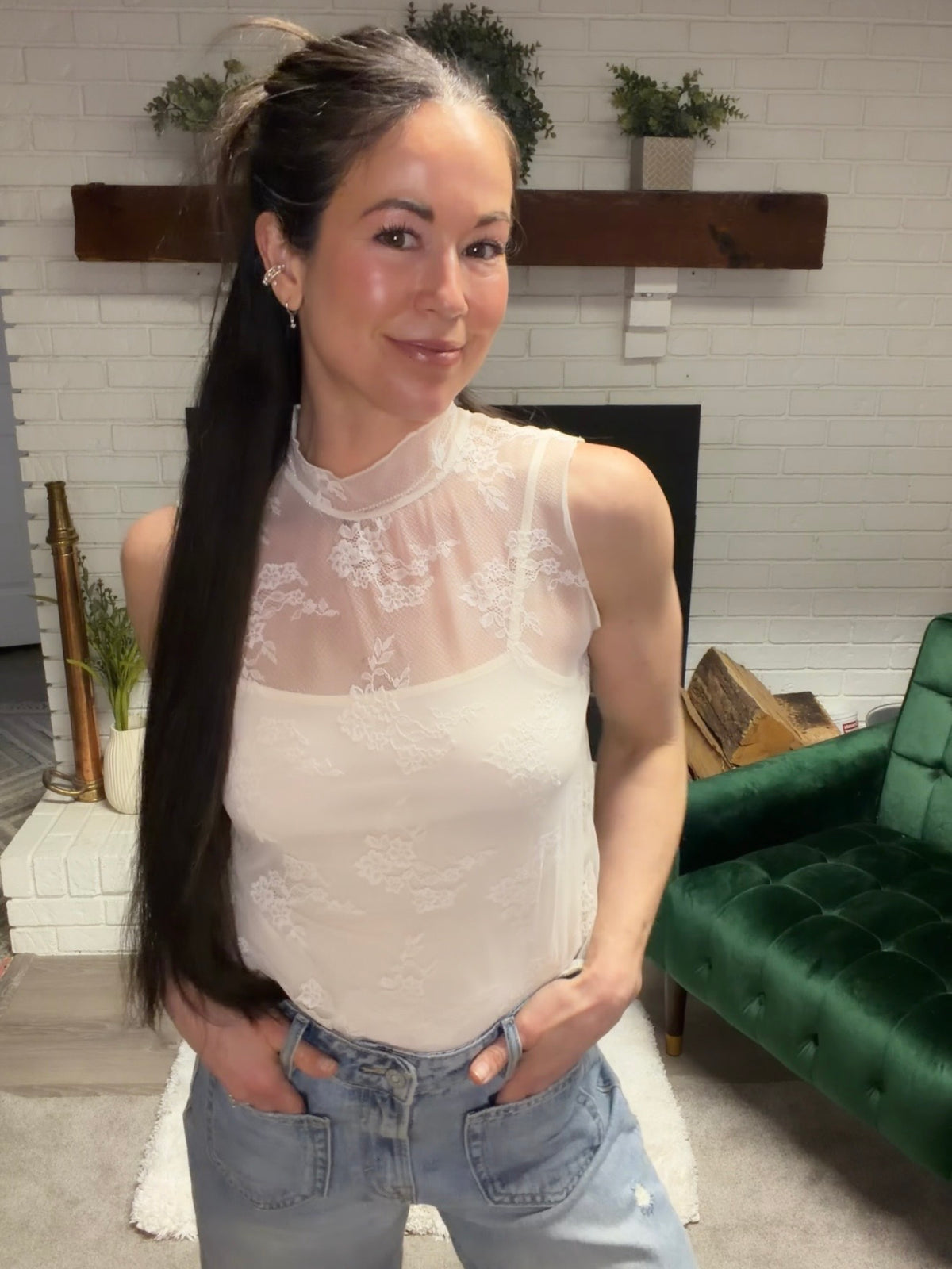 Cream Lace Overlay Sleeveless Top