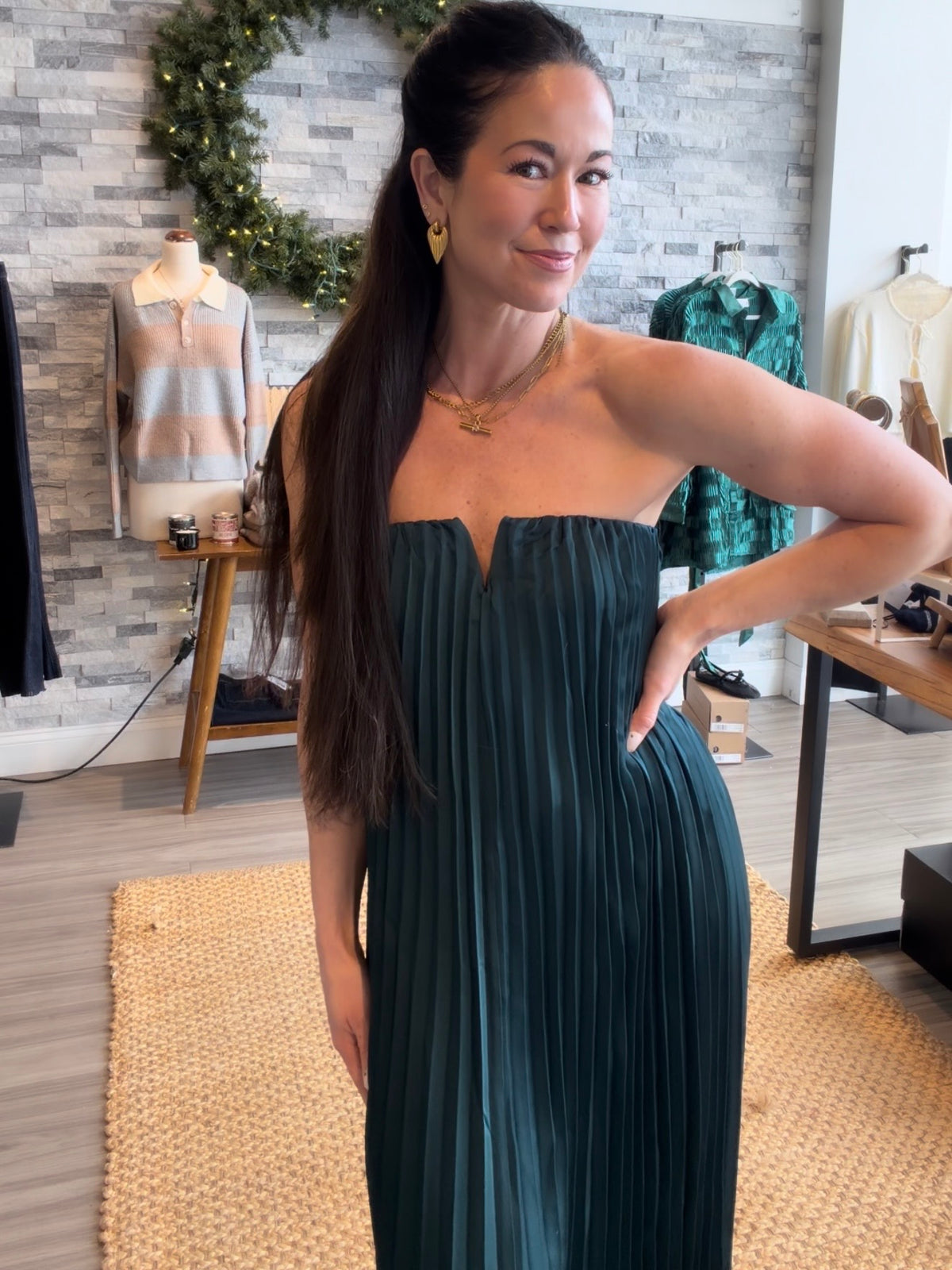 Emerald Green Strapless Pleated Maxi Dress