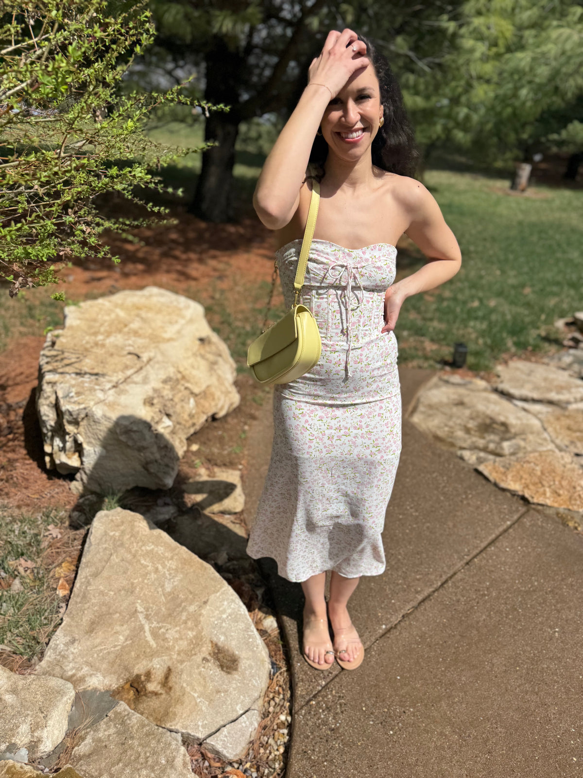 Pink Floral Print Strapless Midi Dress