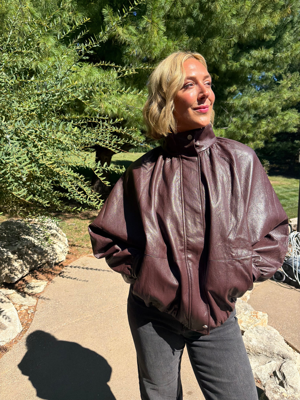 Burgundy Batwing Sleeve Funnel Neck Jacket