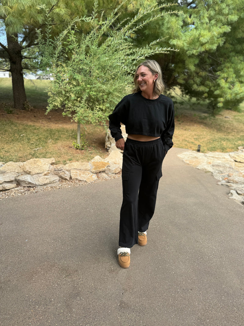 French Terry Crop Sweatshirt & Wide Leg Cargo Pant Set
