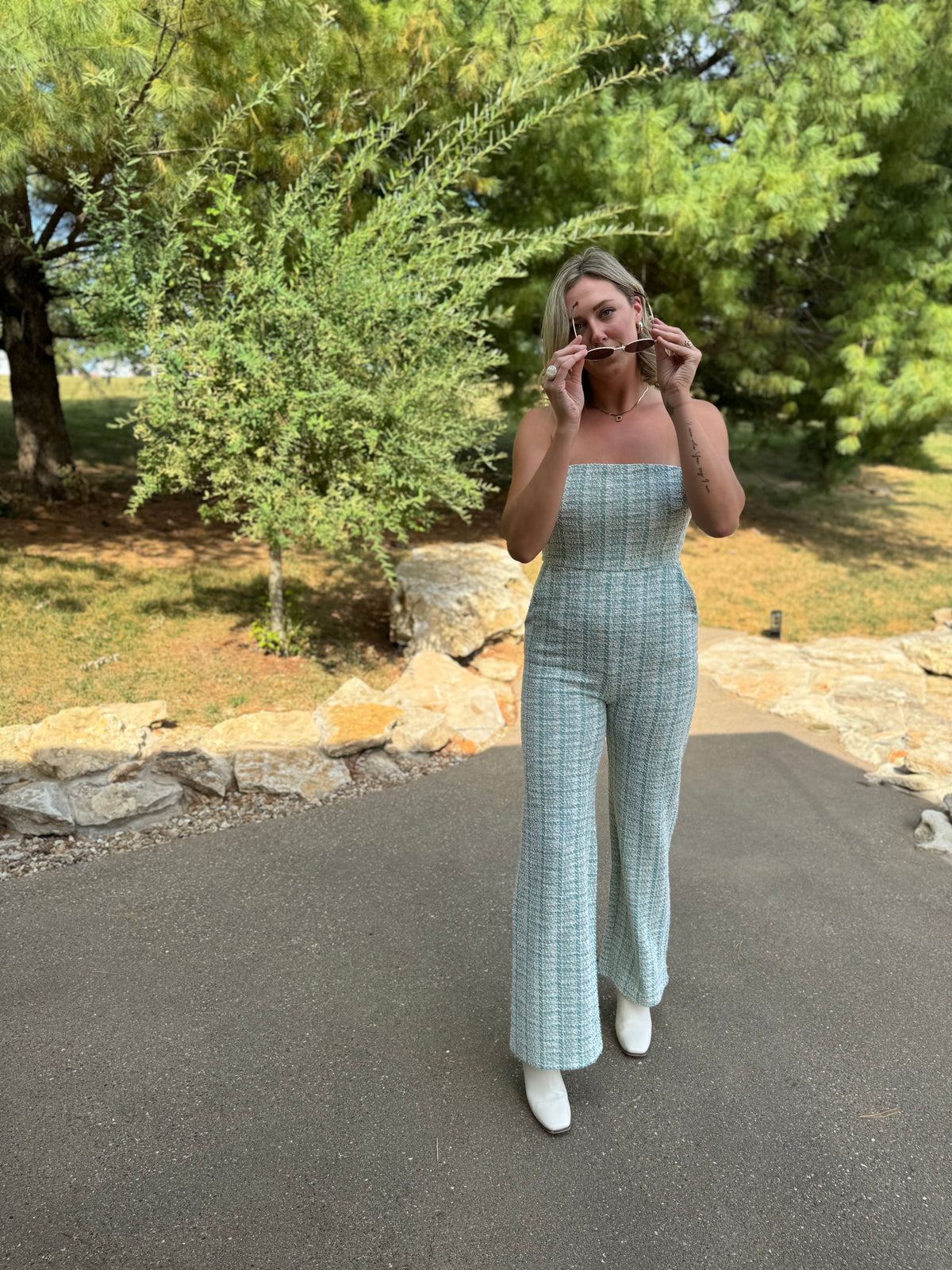 Teal Houndstooth Strapless Jumpsuit