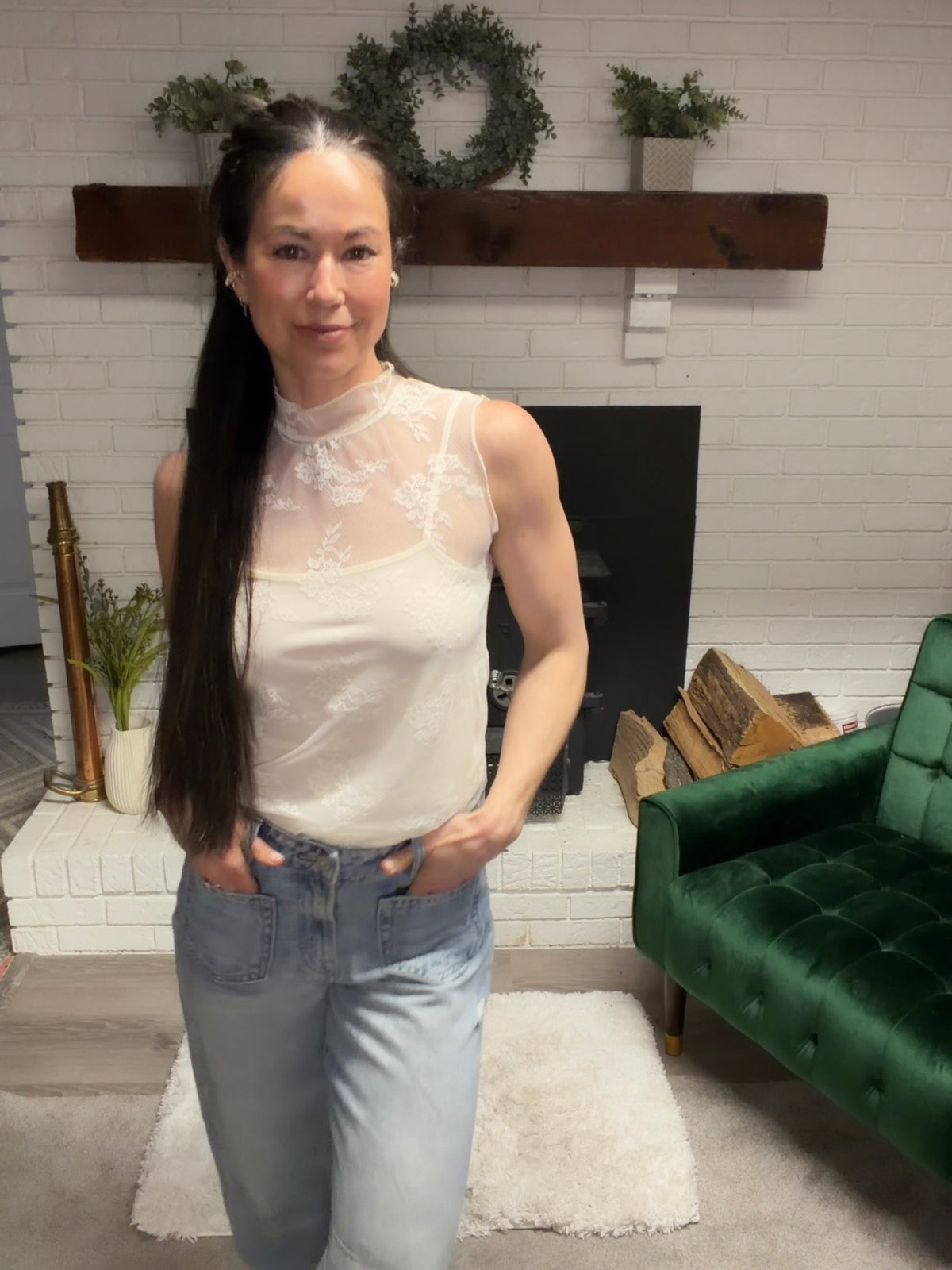 Cream Lace Overlay Sleeveless Top