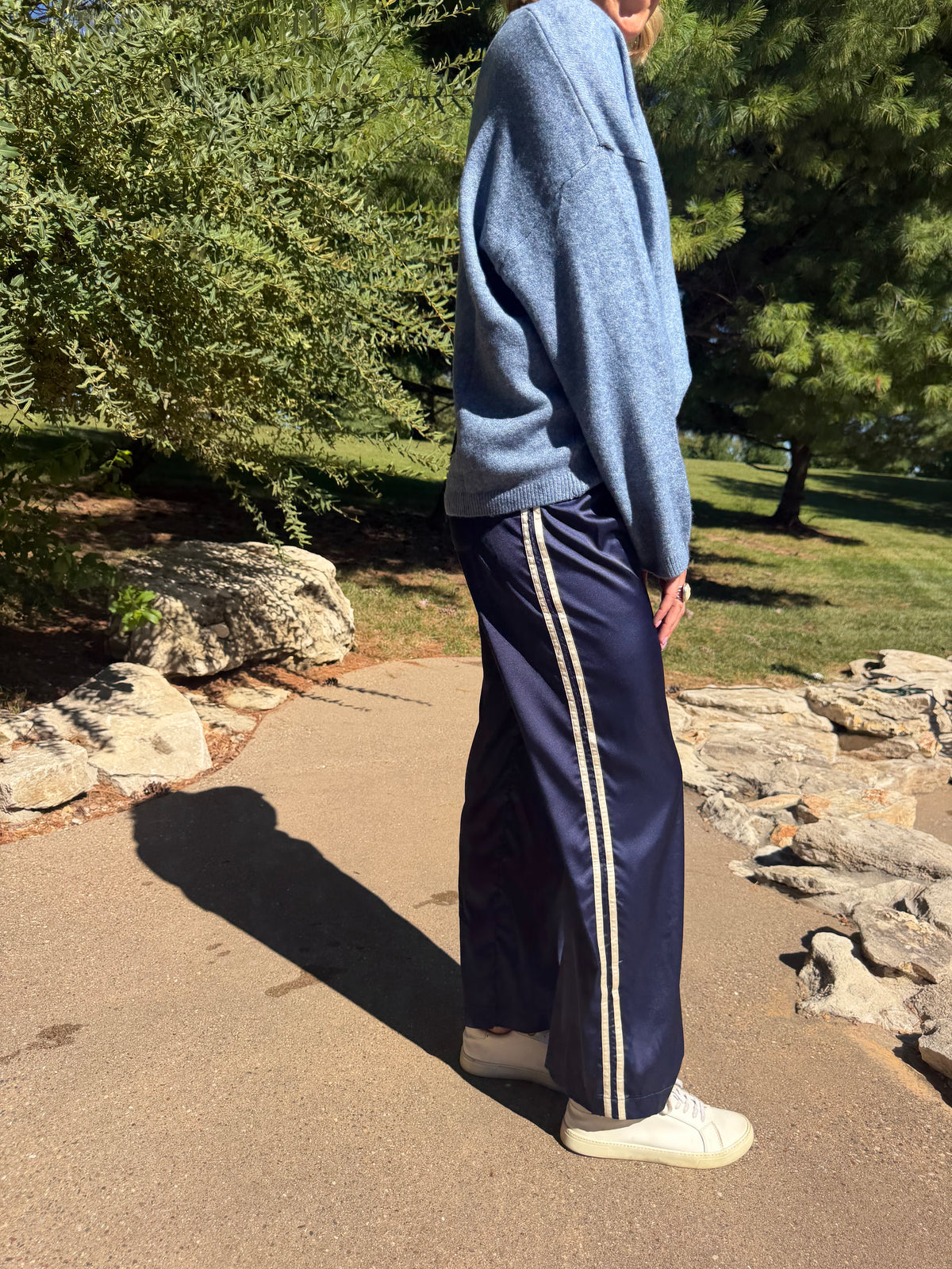 Navy with Cream Stripe Track Pants