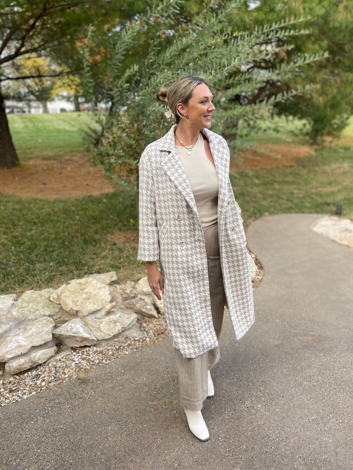 Taupe & Ivory Houndstooth Long Coat
