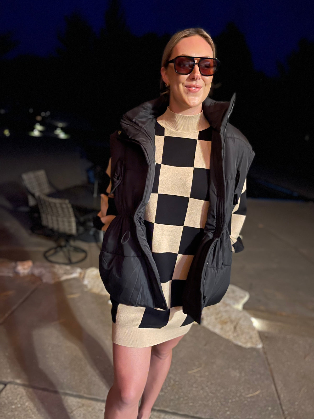 Checkered Mock Neck Sweater Dress
