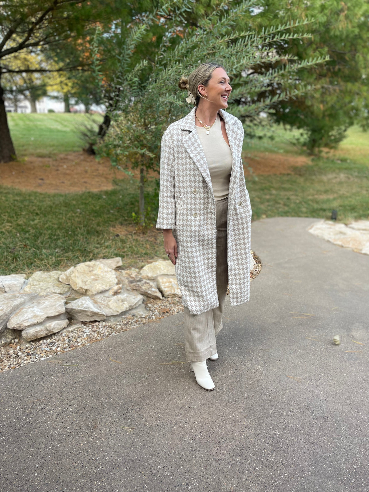 Taupe & Ivory Houndstooth Long Coat