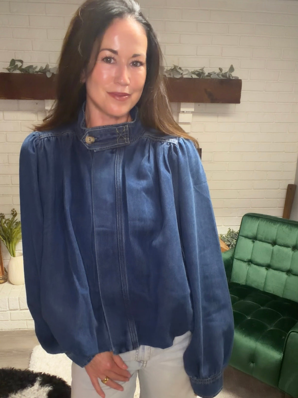 Bubble Hem High Neck Denim Jacket