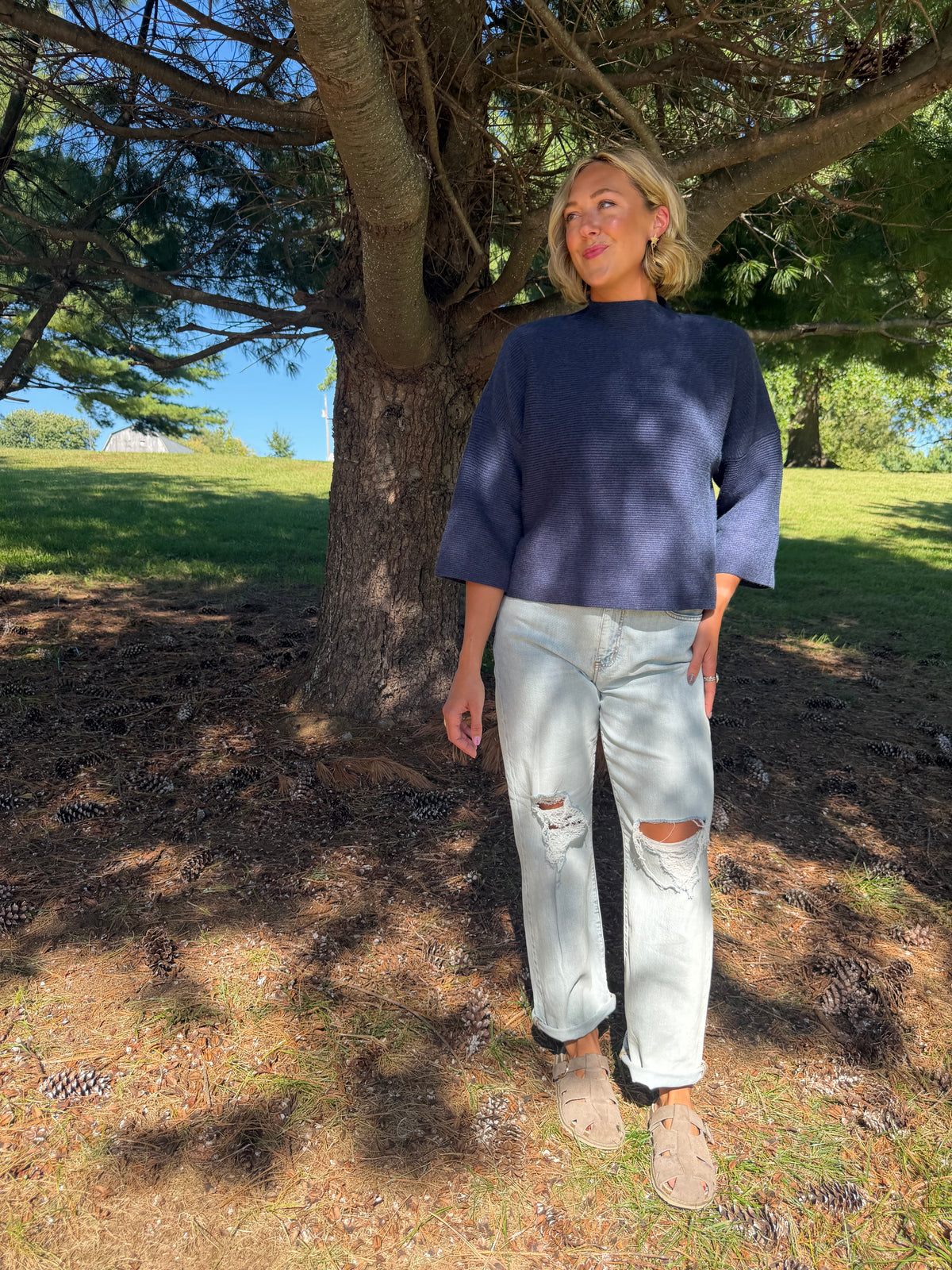 Navy Drop Shoulder 3/4 Length Sleeve Sweater
