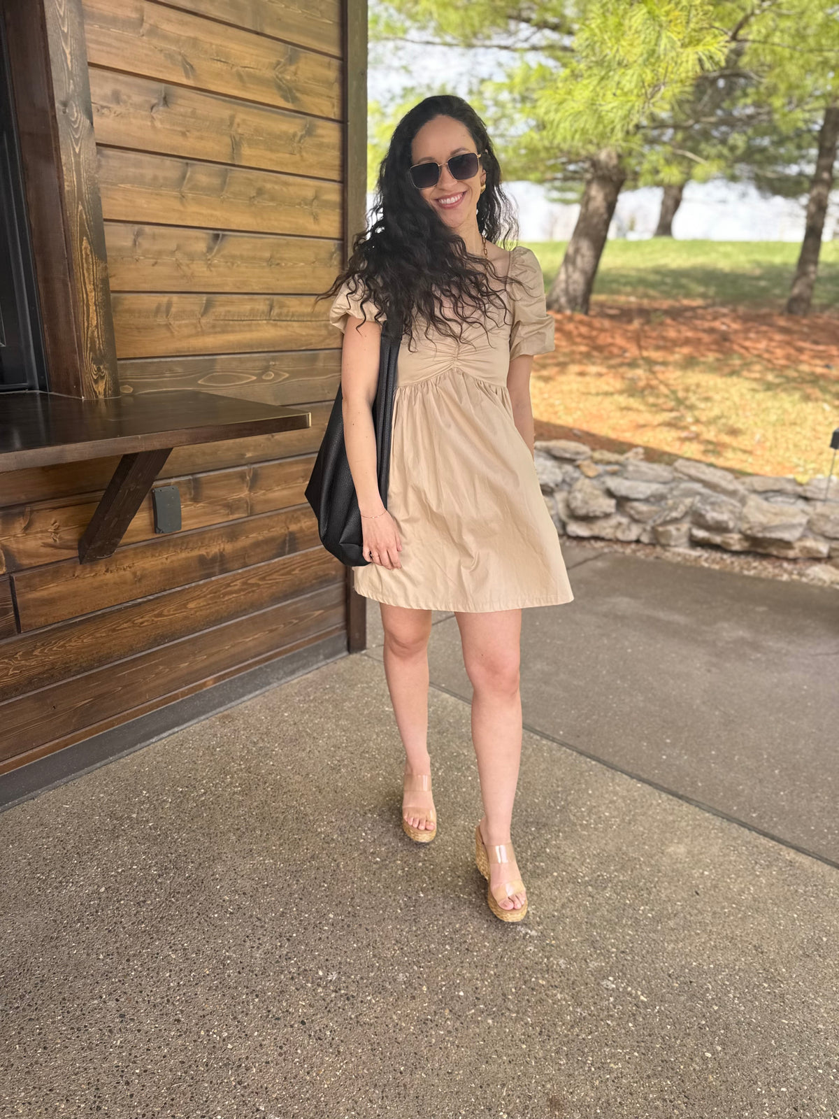 Tan Balloon Sleeve Mini Dress