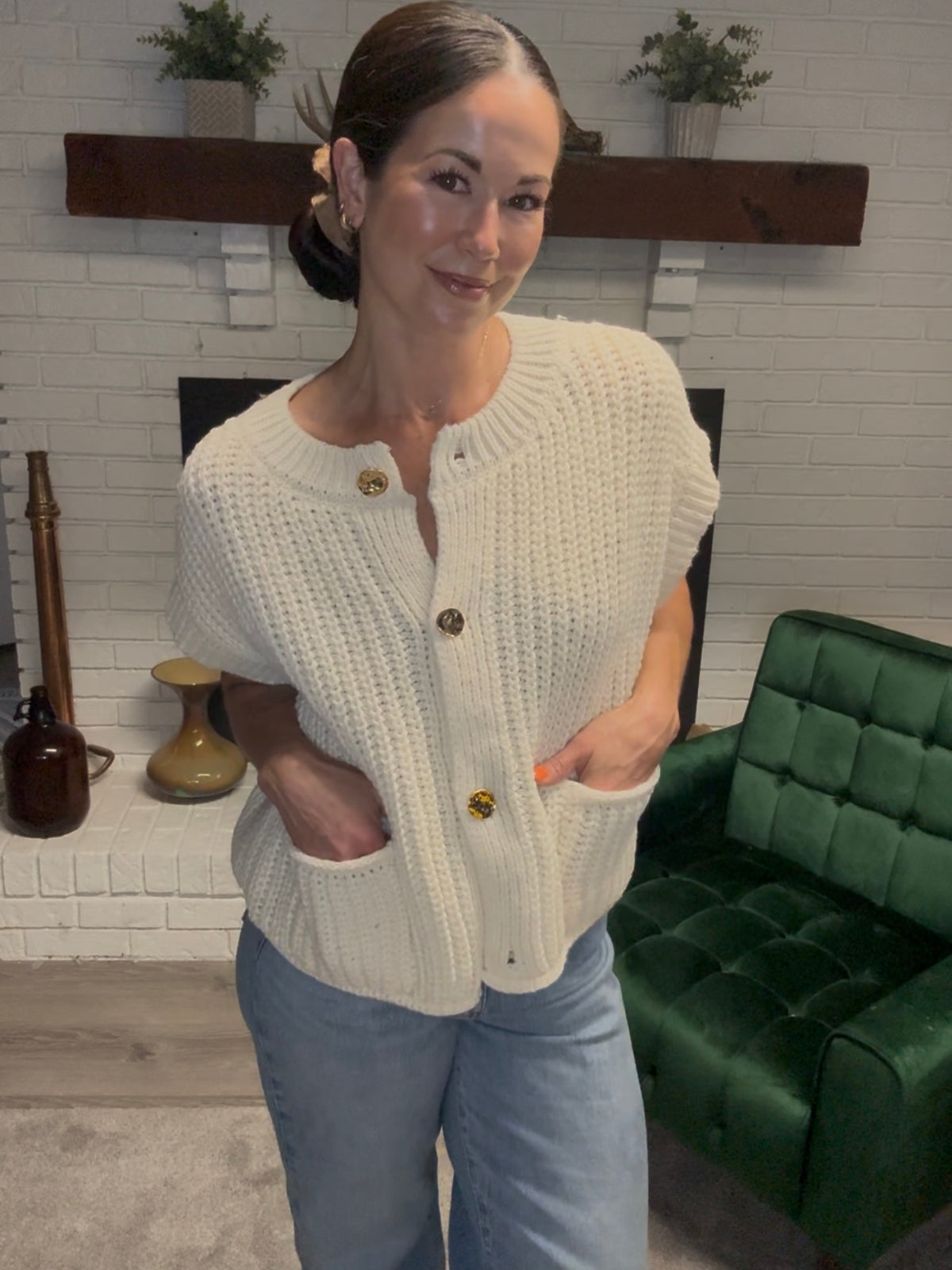 Cream Gold Button Sleeveless Sweater