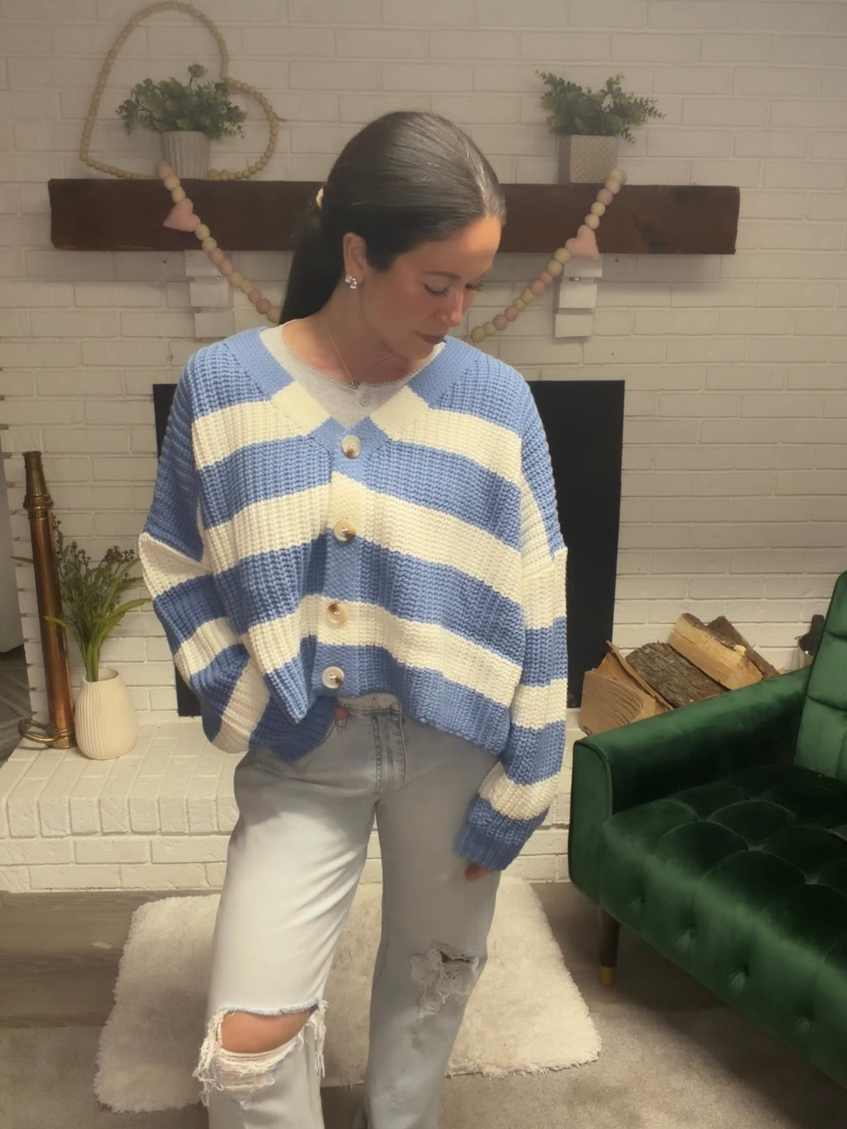 Dusty Blue Striped V-Neck Cardigan