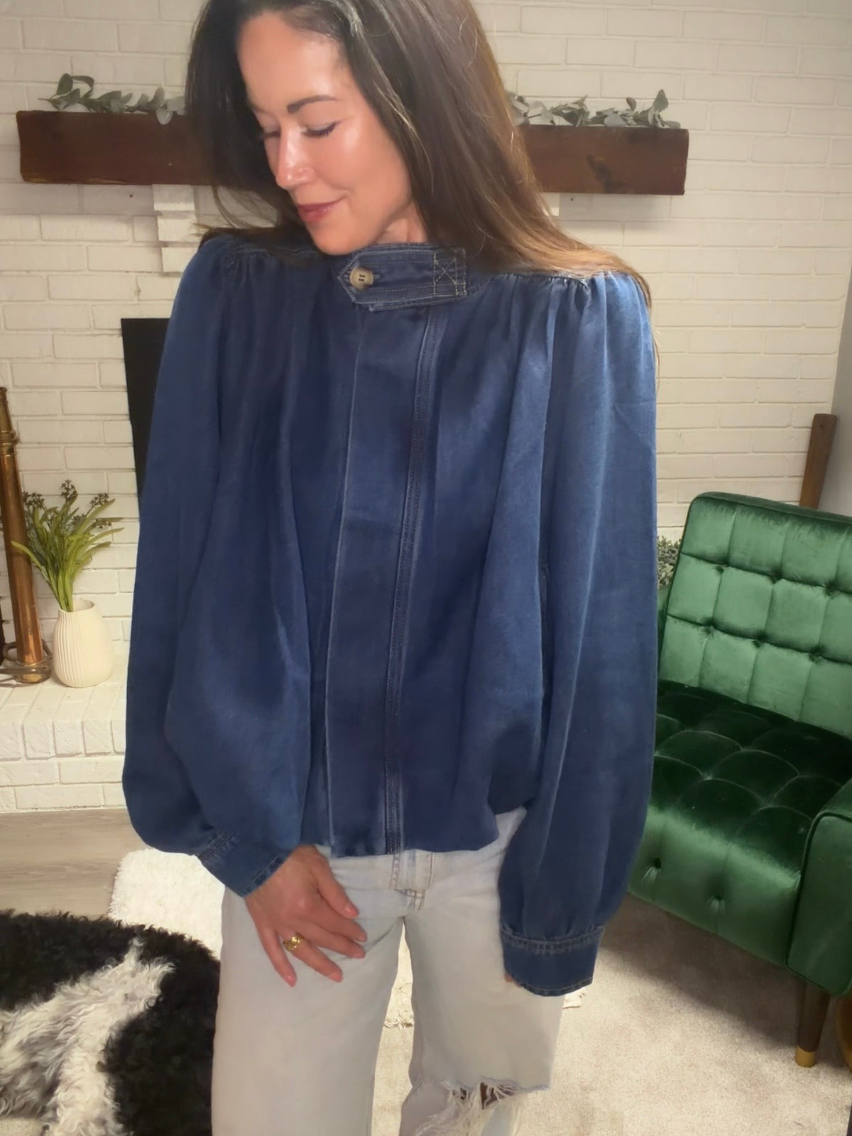 Bubble Hem High Neck Denim Jacket