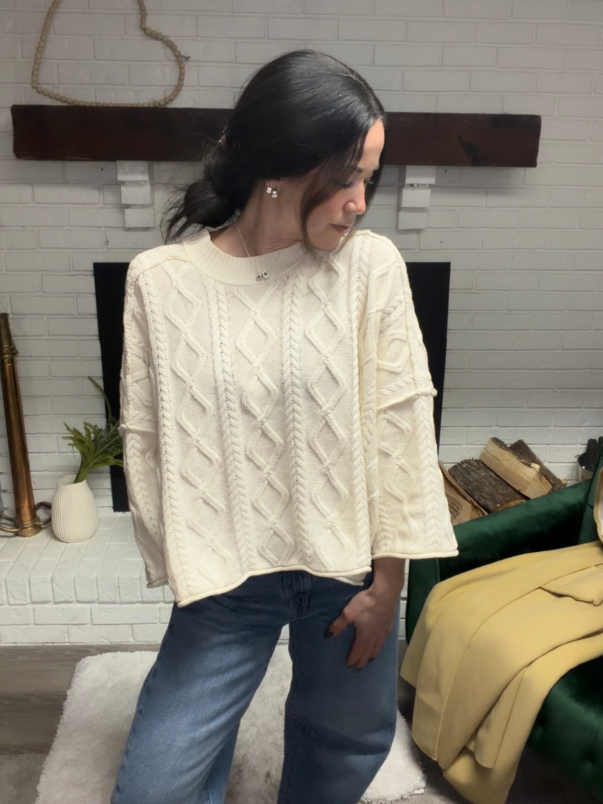 Ivory Cable Knit Loose Fit Sweater