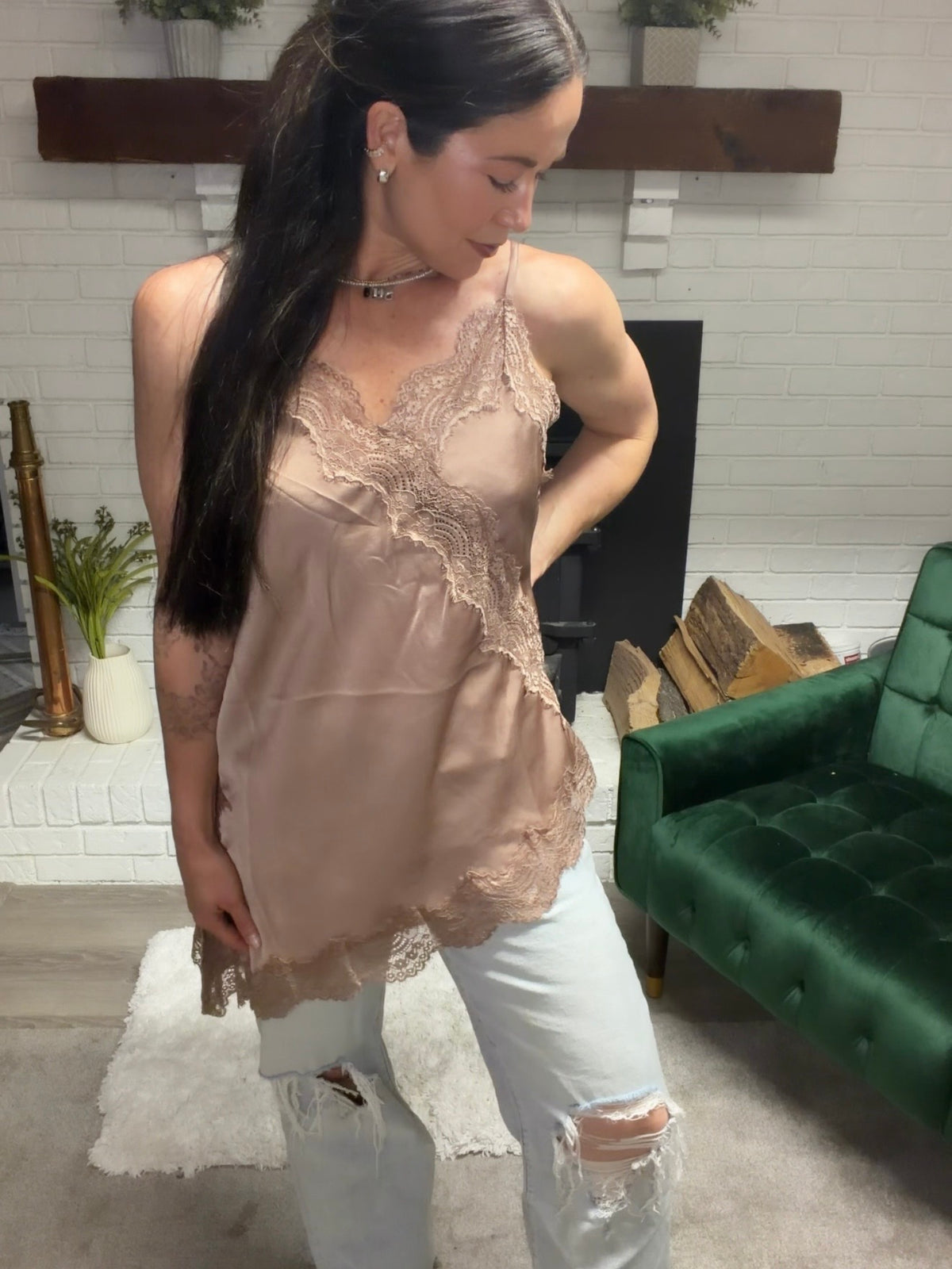 Mocha Asymmetrical Lace Tank Tunic Top