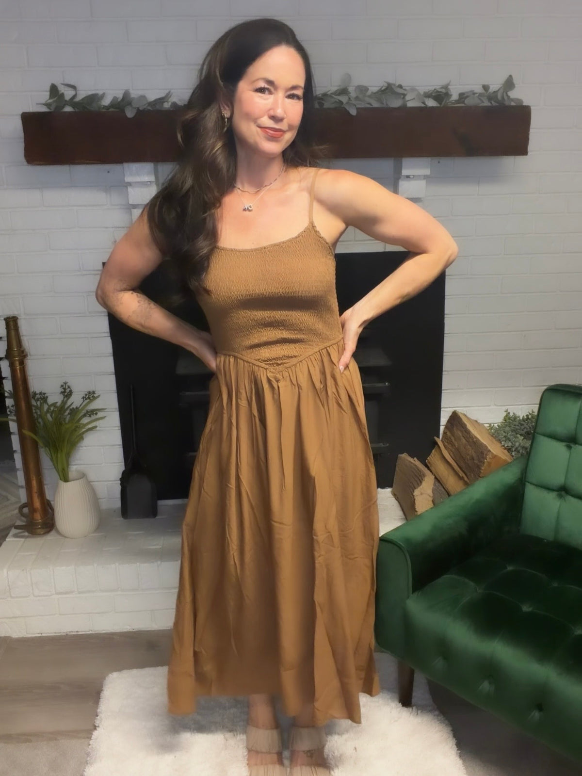 Brown Smocked Basque Waist Midi Dress